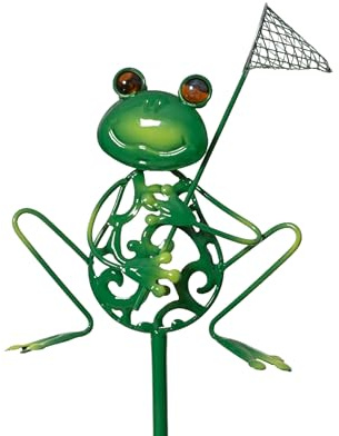 Dekofigur Frosch mit Kescher 91cm Metall - Wetterfester Outdoor Gartenstecker - Außendeko Metallstecker Tierfigur - Gartendeko Metallfigur Außenbereich - Grün