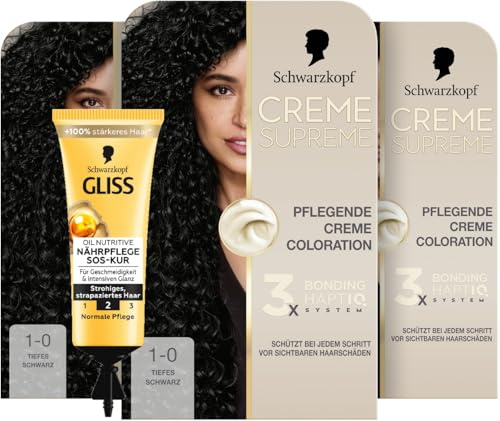 Schwarzkopf Creme Supreme Coloration 1-0 Tiefes Schwarz (3x 182 ml), dauerhafte Haarfarbe mit Serum und Haar-Maske & SOS-Intensiv-Kur Oil Nutritive (15 ml) Haarkur für intensive Reparatur