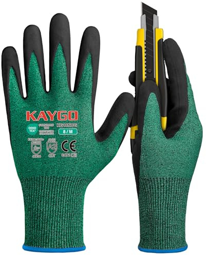 KAYGO Safety Work Gloves MicroFoam Nitrile Coated Cut Resistant, KG18NC | 3 Pairs, Cut Level B, Abrasion Level 4, Light Oil Grip, Ideal for Warehouse, Construction, Auto Repair, DIY (Green, M)