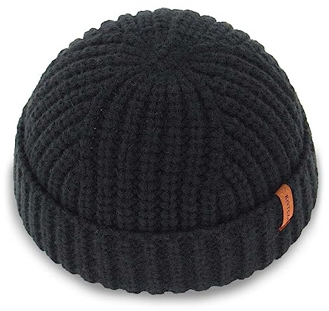 KNITDAY Chunky Wool Fisherman Short Beanie Hats Skull Cap for Men, Mens Thick Skater Streetwear Fishermans Beanie Warm Winter Knit Daily Hat (Black)