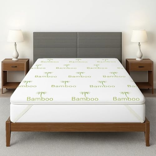 4AS Bamboo Memory Foam Mattress Topper Kingsize Bed – Hypoallergenic & Breathable 2.5cm Thick 40D Gel Memory Foam Mattress Pad with Machine washable Zippered Cover (150x200cm – King)