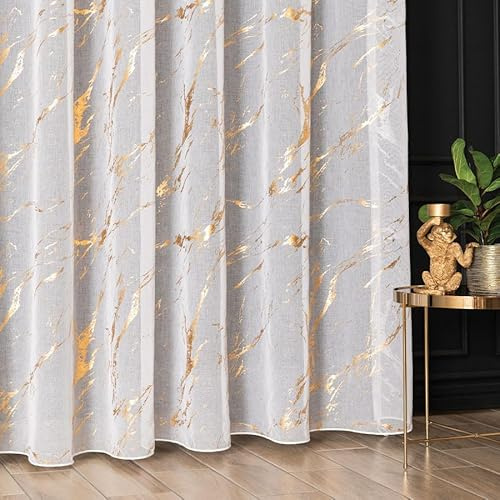Gardinen Vorhangen Weiß Jacquard 250x250 cm (BxH) Modell GoldenStone Elegante Gardine Transparent Kräuselband Pflegeleicht Fensterdekoration