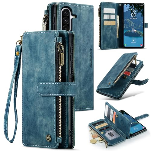UEEBAI Wallet Case for Samsung Galaxy A17 5G, Premium Handmade PU Leather Phone Case Card Slots Magnetic Closure Zipper Pocket Kickstand Flip Case with Hand Strap - Blue