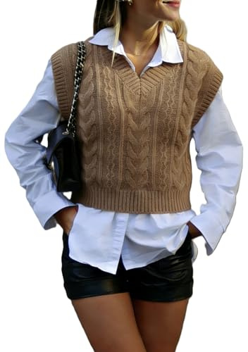 EELOTILE Women's Cable Knit V Neck Sweater Vest Cashmere and Silk Blend Sleeveless Wool Pullover Tops