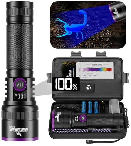 Shadowhawk 365nm UV Taschenlampe, 30W Schwarzlicht 4-Kern Mit Filterlinse | Aufladbar UV Lampe, UV Licht Flashlight Für Bernstein,Tierurin-Test,Resin Härten,Scorpions,Geldscheinprüfung, Mit LCD-Display