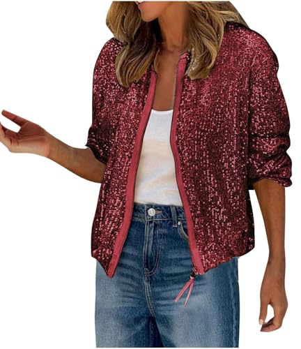Damen Pailletten Jacke Damen Bomberjacke Kurze Glitzer Blouson Jacke Casual Übergangsjacke Elegant Dünne Jacken Zip Up Herbstjacke Leichte Coat Festival Outfit Karneval Party Kostüm Clubwear Festlich