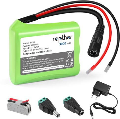 Rapthor 12V 3000mAh DC Wiederaufladbarer Lithium-Ionen-Akku 3Ah mit Ladegerät und DC5521-Stecker für Router, CCTV-Kamera, LED-Streifenlicht, DIY-Werkzeuge und andere 12-Volt-Geräte (kleine Größe)