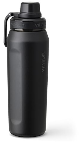 Vinsun Edelstahl Trinkflasche schwarz 750ml - doppelwandig isoliert, leicht | Edelstahl Sportflasche - auslaufsicher, Kohlensäure geeignet, BPA frei - schlanke Thermosflasche für Sport, Outdoor, Schule