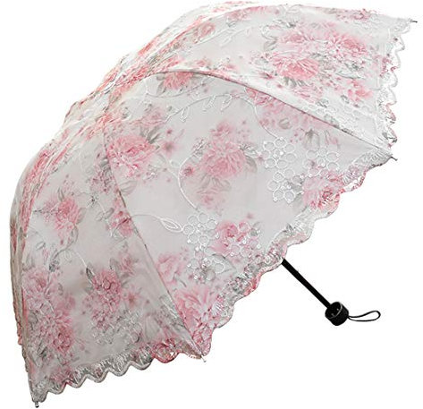 ShaqMars Spitzenschirm, faltbar, UV-Schutz, Vintage-Stil, bestickt, Sonnenschutz, Pink, One_Size, Vintage