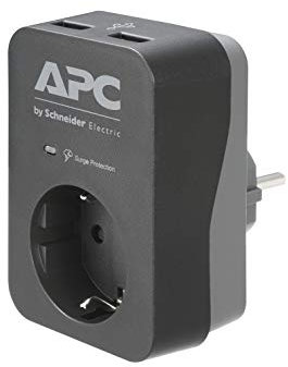 APC Surge Protector - PME1WU2B-GR - Steckdosenadapter mit Überspannungsschutz (1 Stecker Schuko, 2 USB-Ladeausgänge, schwarz)
