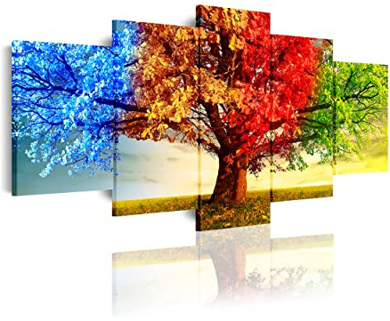 DekoArte 513 - Impression Sur Toile Moderne 5 Pièces 200x100 cm XXL | Toile Décorative Pour Votre Salon Ou Votre Chambre | Style Paysage Arbres Quatre Saisons