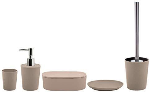 Spirella Badezimmer Set, 5-teiliges Badzubehör aus Bambus Takeo Seifenspender, WC Bürste, Seifenschale, Aufbewahrungsdose und Zahnputzbecher Beige