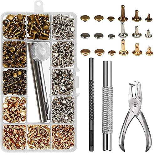 Leder Nieten Doppelkappe mit Nietenzange Lochzange Hohlnieten 12mm 8mm 6mm Ledernieten für Leder Stoff Gürtel Papier 3 Farbe Gold Silber Bronze 300 Set