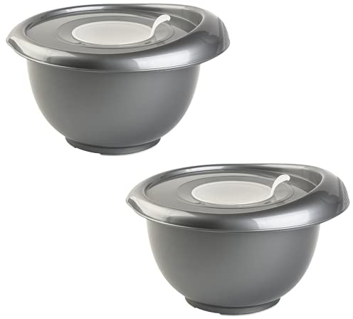 Gariella 2x anthrazit Back-/Rührschüssel mit zweigeteiltem Deckel Quirltopf Salatschüssel rutschfest Silikonfüße Einhandgriff Ausgießer Kunststoff