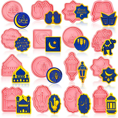16 Stück Eid Mubarak Ausstechformen mit Kolben Stempel Set Ramadan Islamisch Muslim Keksform Stern Laterne Mond 3D Keksstempel Mini Ramadan Kunststoff DIY Kekswerkzeuge für Backen Fondant Zubehör