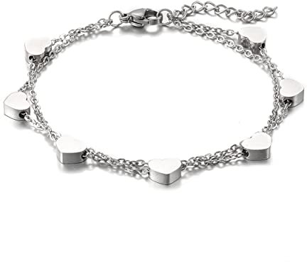 HSWYFCJY Silber Damen Armband mit Herz Anhängern,Layered Doppelt Kette Armband für Frauen,Armkette Edelstahl für Mädchen