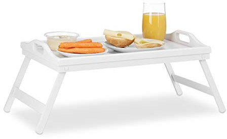 Relaxdays 2X Vassoi da Letto in bambù, Pieghevole con Manici, Bordo Rialzato, per Colazione, H x L x P: 22 x 61,5 x 30 cm, Bianco