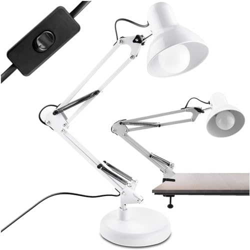 Lumiled Schreibtischlampe klassisch Leselampe Weiß Tischleuchte Tischlampe Verstellbarer Arm Arbeitsleuchte Nachttischlampe mit E27 Fassung Retro aus Metall Kinderzimmer Arbeitszimmer mit Klemme