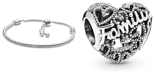 Pandora Moments Schlangen-Gliederarmband mit Schiebeverschluss Silber 28 cm & Family Herz Charm Sterling-Silber 8,6 x 10,8 x 11,5 mm (T/H/B)