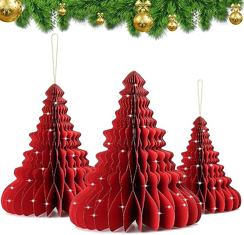 EKKONG Papier Weihnachtsbaum 3er Set Wiederverwendbare Weihnachtsbäume Wabenbälle aus Pappe Deko Tannenbaum Weihnachten Grün zum Hängen oder Stellen 15-24-32cm (Rot)
