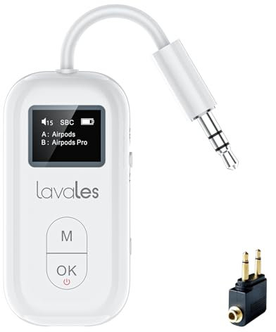 2-in-1 Bluetooth 5.3 Sender Empfänger Klinke, Bluetooth Adapter Flugzeug für Kopfhörer, 3,5mm AUX Transmitter Splitter, aptX Low Latency, 25 Stunden Akkulaufzeit für Fitness, Stereoanlage