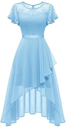 Wedtrend Abito da sera da donna elegante abito da cocktail alto basso abito da ballo con pizzo linea A per matrimonio abito corto festa donna linea A abito Vokuhila, Azzurro, XS