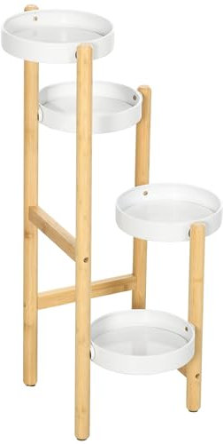 Outsunny Soporte para Plantas Estantería para Plantas con Pies de Bambú Estantería para Flores con 4 Estantes Redondos Carga 20 kg para Interior y Exterior Ø28x80 cm Natural y Blanco