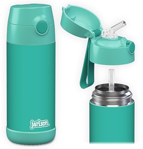 Jarlson® Trinkflasche Kinder Edelstahl Charli [MIT STROHHALM] - Thermosflasche Auslaufsicher - Thermoskanne - Water Bottle Kids - Thermo Trink Flasche für Schule & Kindergarten (350ml, Türkis)