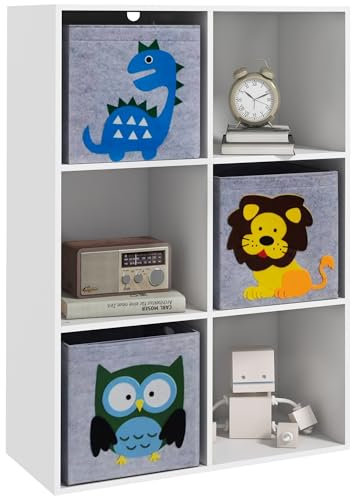 ZONEKIZ Scaffale Portagiochi per Bambini 3+ Anni a 6 Cubi in Tessuto non Tessuto, Mobiletto Portagiochi in MDF e Melamina, 61.8x29.9x91.5 cm, Grigio e Bianco