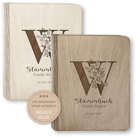 Stammbücher Holz Stammbuch der Familie personalisiert Altha Holzbuch A5 A4 Familienstammbuch Familienlogo beige braun Handarbeit