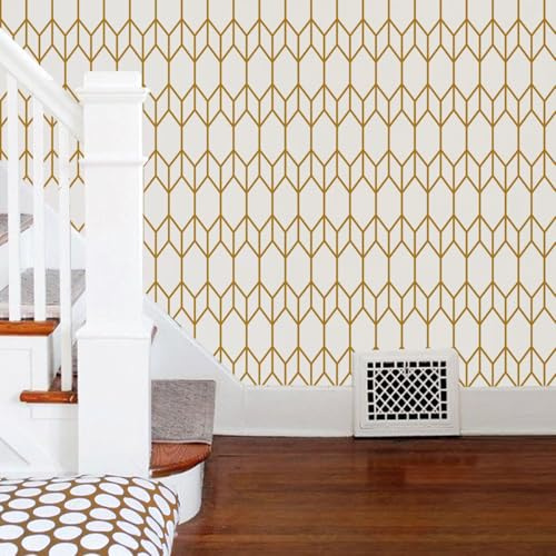 JOLIHOME Geometrischer Look Selbstklebende Tapete Gold und Weiß Kontakt Papier Streifen Vinyl-Folie Wandaufkleber für Kabinett Schlafzimmer Küche Büro Badezimmer Dekor Ölbeständig 44.5x500cm