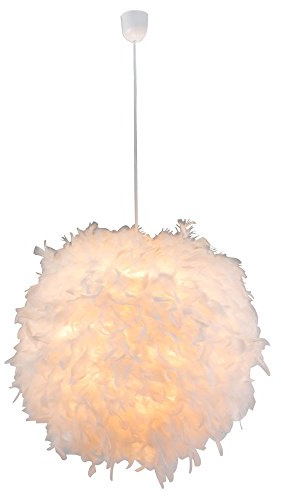 LED Pendelleuchte Hängelampe Leuchte Pendellampe Federlampe Schlafzimmerlampe Wohnzimmer, Textil weiß Federn, 1x E27 LED warmweiß, DxH 60x130 cm