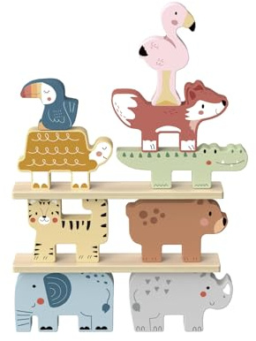 Tooky Toy Balance- & Stapelspiel Tiere FSC Holz: Stapelturm & Balanceblöcke für Kinder, Montessori Lernspielzeug, Fördert Motorische & Kognitive Entwicklung, Geschenk ab 1 Jahr
