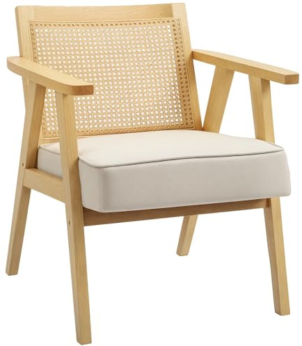 HOMCOM Armchair, Fabric Accent Chair with Rattan Back, Rubber Wood Frame and Padded Seat Cushion for Living Room, Bedroom, Home Office, Cream White Finish