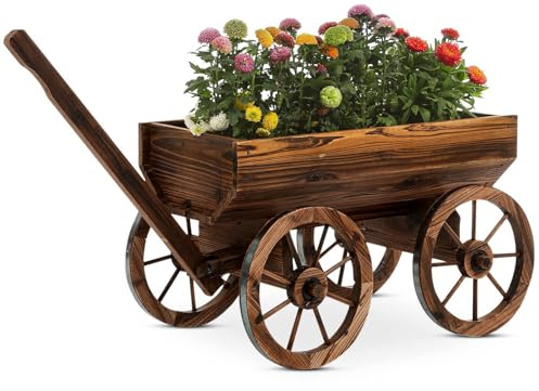 Wood Wagon Movable Planter Box, LA VANE Wooden Rustic Garden Flower Pot Stand DIY Rolling Cart Wheelbarrow Raised Bed with Wheels & Drainage Hole for Indoor Outdoor Décor Patio Balcony Backyard