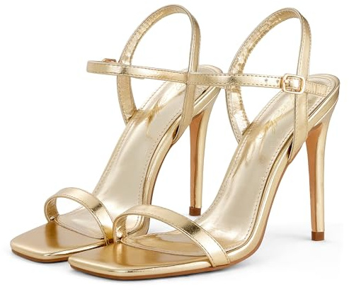 GENSHUO Femmes Bout Carré À Lanières Talons Aiguilles, 10 CM Bout Ouvert Talon Sandales Bride À La Cheville Chaussures Habillées, Doré, 40 EU