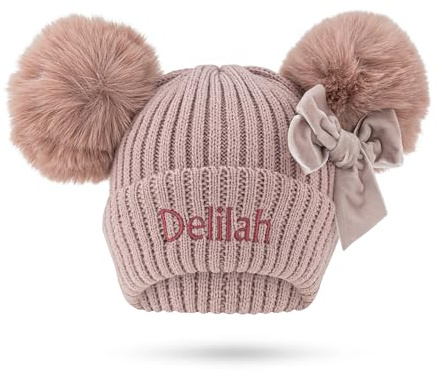 Lobeko Personalised Baby Hat with Double Faux Fur Poms Custom Knitted Winter Hat for Boys & Baby Girls 0–12 Months Soft Warm Beanie 7 Colours Newborn Infant Name on Hat Dusty Rose