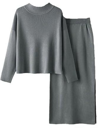 2-teiliges Strickset für Damen, Maxi-Rock, Trainingsanzüge, Winter, warm, Rollkragenpullover, Rock-Sets, grau, Einheitsgröße