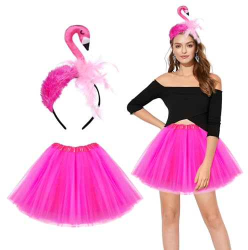 DIIQII Damen Hawaii Kostüm: Rosa Tüllrock mit Haarreif - Fasching Kostüm für Karneval Party