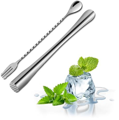 PARFCO Cocktail Stößel, Edelstahl Cocktail Stampfer, 22,6 cm Lang Edelstahl Stößel, mit Doppelendiger Rührlöffel, Silber, Bar Zubehör, für Bars, Küchen, Restaurants