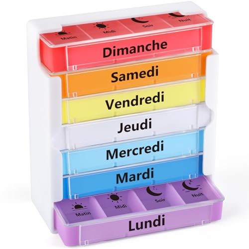 Opret Pilulier Semainier Français (Matin, Midi, Soir et Nuit) - Petits Empilables Tour à Médicaments 7 Jours 28 Compartiments 4 Fois, pour Vitamines Suppléments Pilules