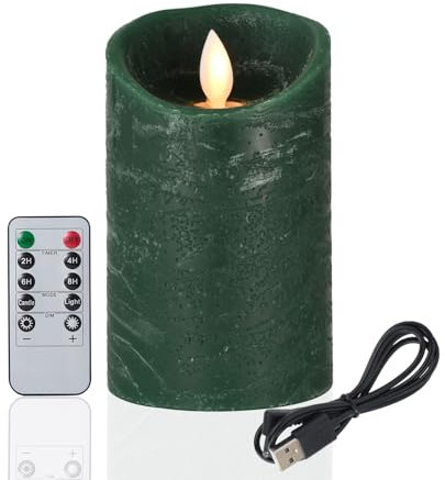 FiiMoo LED Kerze mit Fernbedienung, Aufladbare LED Kerze, 10cm Grün, Paraffinwachs, Batteriebetrieben