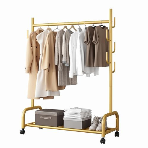 XQJLBZA Kleiderständer auf Rädern, Multifunktionaler Kleiderständer fürs Schlafzimmer, mit Ablage und Haken, zum Aufhängen von Kleidung, Mänteln, Röcken, Hemden(Gold)