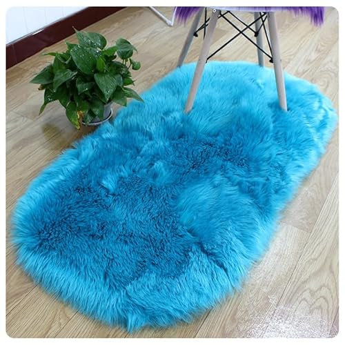 Rockreyoa Fellteppich Kunstfell Lammfell Schaffell Teppich Faux Lammfell Schaffell Teppich Longhair Flauschiger Teppiche Weicher Fell Carpet Nachahmung Wolle Bettvorleger für Sofa Blau 70x180cm
