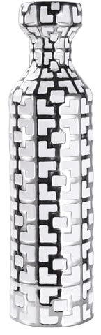 NewSangXia Jarrón de suelo de 24.4 pulgadas de alto, cerámica negra con patrones geométricos plateados, jarrones cilíndricos grandes, decoración moderna del hogar para sala de estar, entrada o