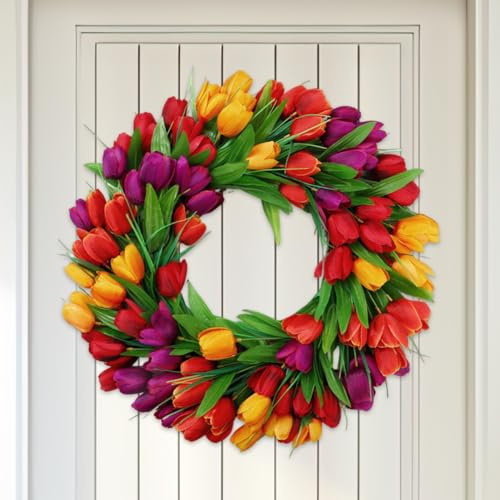 JOYWU Tulips Wreath for Front Door,45cm Artificial Pink Wreath with Tulip,Leaves and Bow,Spring,Summer Tulips Floral Wreaths,Spring Summer Door Decor,Artificial Flowers Wreaths (40cm-3 colors)