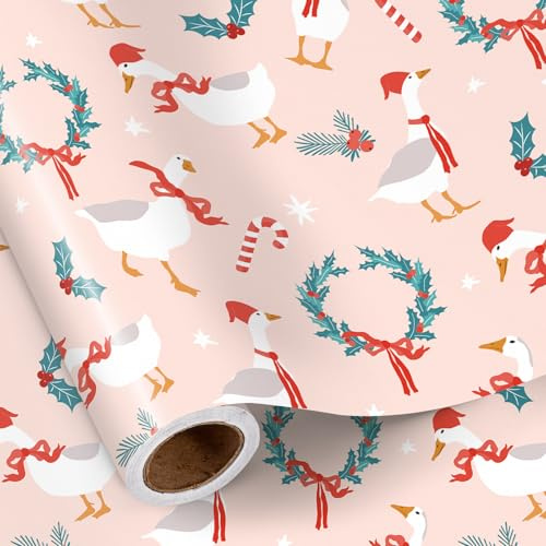 RUSPEPA Weihnachts-Gans-Geschenkpapierrolle Für Mädchen, Weihnachtsmann-Gans, Kranz, Zuckerstange Und Stechpalmen-Design, Rosa Geschenkpapier Für Kinder, Weihnachtsfeier Und Country-Party, 43,2Cm X 5M