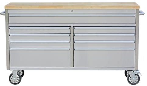 IDEALHOUSE 61 inch Rolling Tool Chest, Garage Workbench with 9 Drawers, Solid Rubber Wood Top & with Wheels Lock Key Locking, Mobile Workstation Tool Cabinet for Workshop Storage