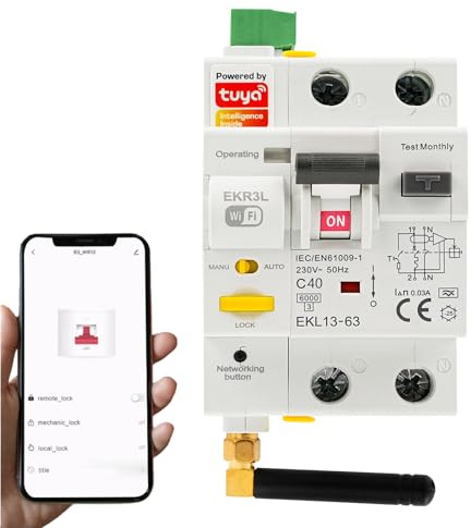 Jadeshay Fi Schutzschalter 40A 30 mA 2P WIFI Automatische Wiedereinschaltvorrichtung Leistungsschalter manueller/automatischer Modus Leckageschutz Fehlerstromschutzschalter Typ A AC230V (GKR3L)