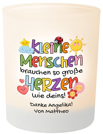 Personalisierter Teelichthalter „Kleine Menschen brauchen so große Herzen wie deins“ – Teelichtglas, Dankeschön Geschenk zum Abschied Kindergarten für Erzieherin personalisiert mit Wunschtext